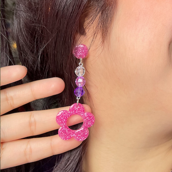 Hot Pink Flower Beaded Dangle Earrings