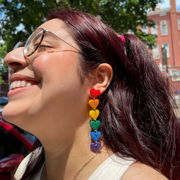 Glitter Rainbow Heart Dangle Earrings